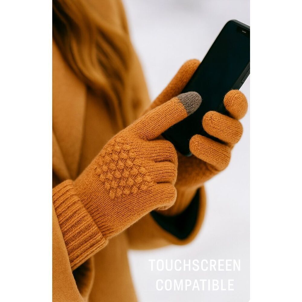 Touchscreen Gloves Unisex Burnt Orange Knit Winter - Picture 4 of 7
